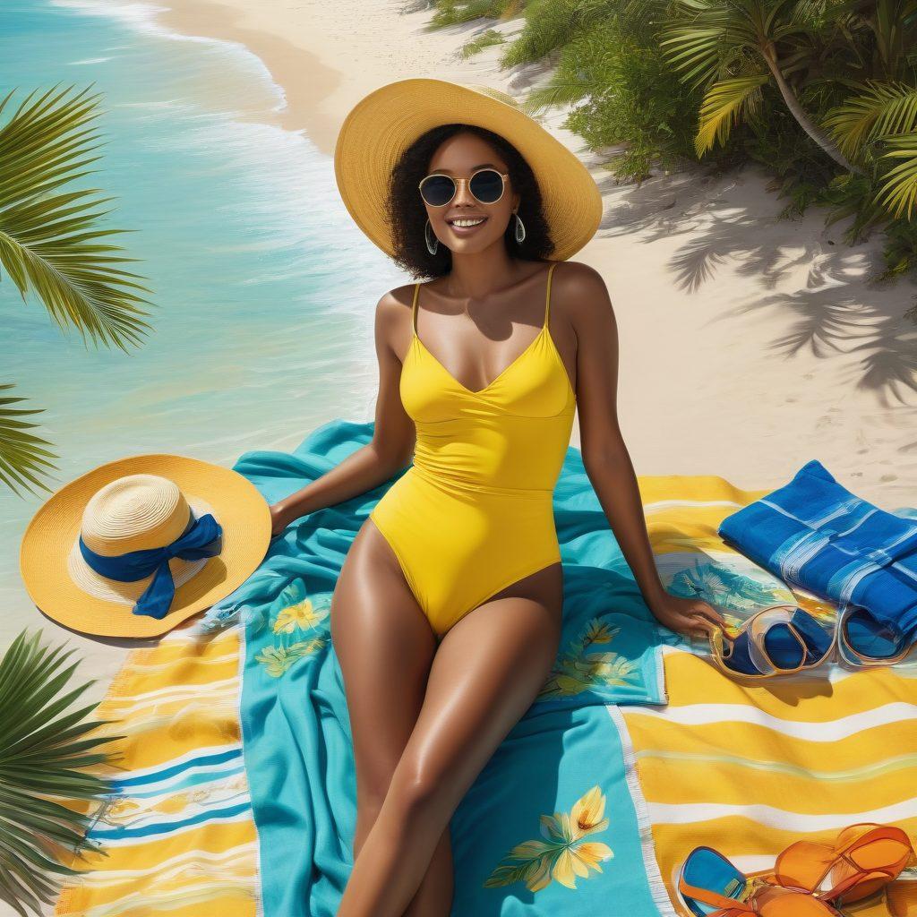 A stylish beach scene featuring a diverse group of women showcasing various chic two-piece swimwear, lounging on a sandy beach under a bright sun. Include colorful towels, fashionable beach accessories, and crystal-clear ocean waves in the background. The atmosphere should radiate fun, fashion, and relaxation, emphasizing body positivity and summer vibes. tropical color palette. vibrant colors. super-realistic.