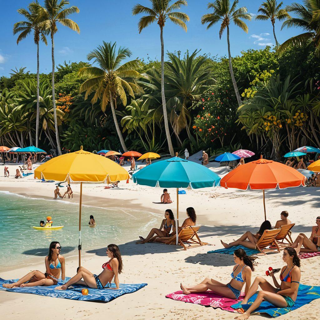 A lively beach scene featuring diverse individuals wearing vibrant Asian swim attire, adorned with tropical patterns and bright colors. Surround them with palm trees, colorful beach umbrellas, and crystal-clear water. Add elements like surfboards and beach balls to enhance the summer vibe. The image should radiate fun and relaxation. super-realistic. vibrant colors. summer aesthetics.